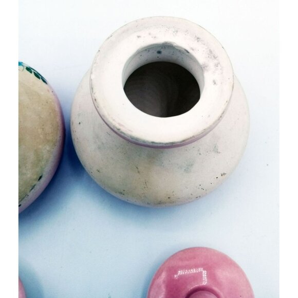 Vanity Jars Porcelain Vintage Pink White Pottery Lids Flowers 2 Inch Miniature - Picture 11 of 15